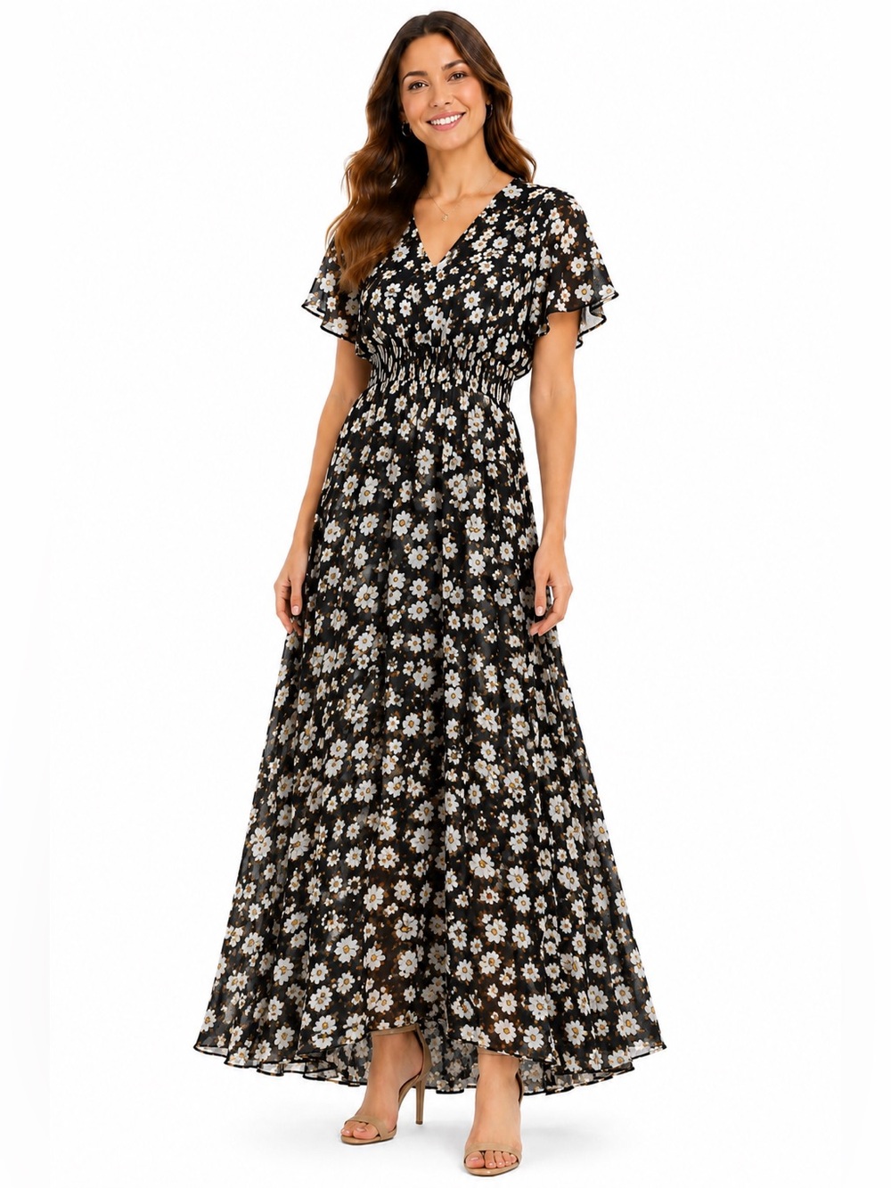 Karl Lagerfeld Paris Black Floral Maxi Dress SZ 10 Smocked Waist Flutter Sleeve